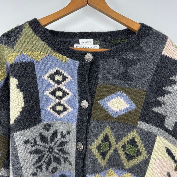 VTG Marconi Nordic Cardigan Sweater L Hand Knit Winter Holiday Patchwork Chunky - Picture 2 of 6